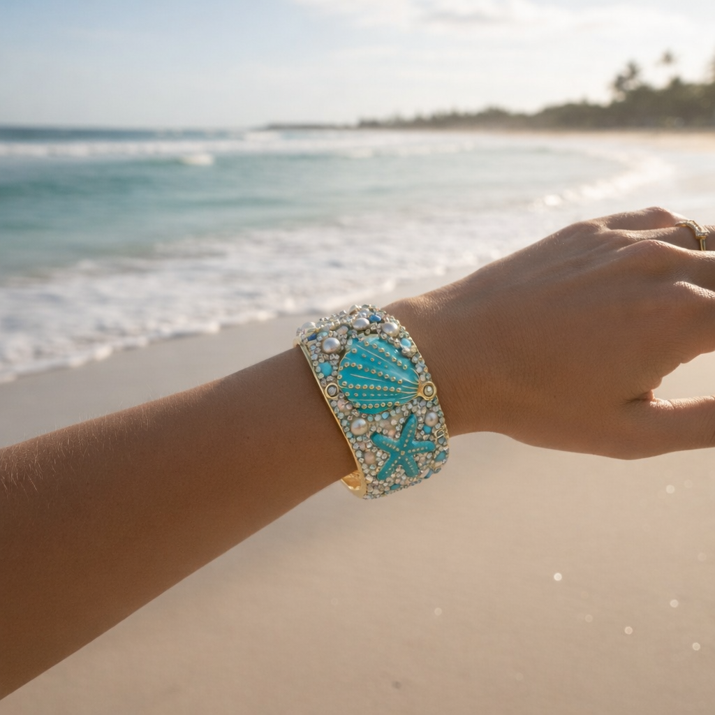 Bracciale Rigido con Conchiglie e Cristalli – Stile Mare Lusso