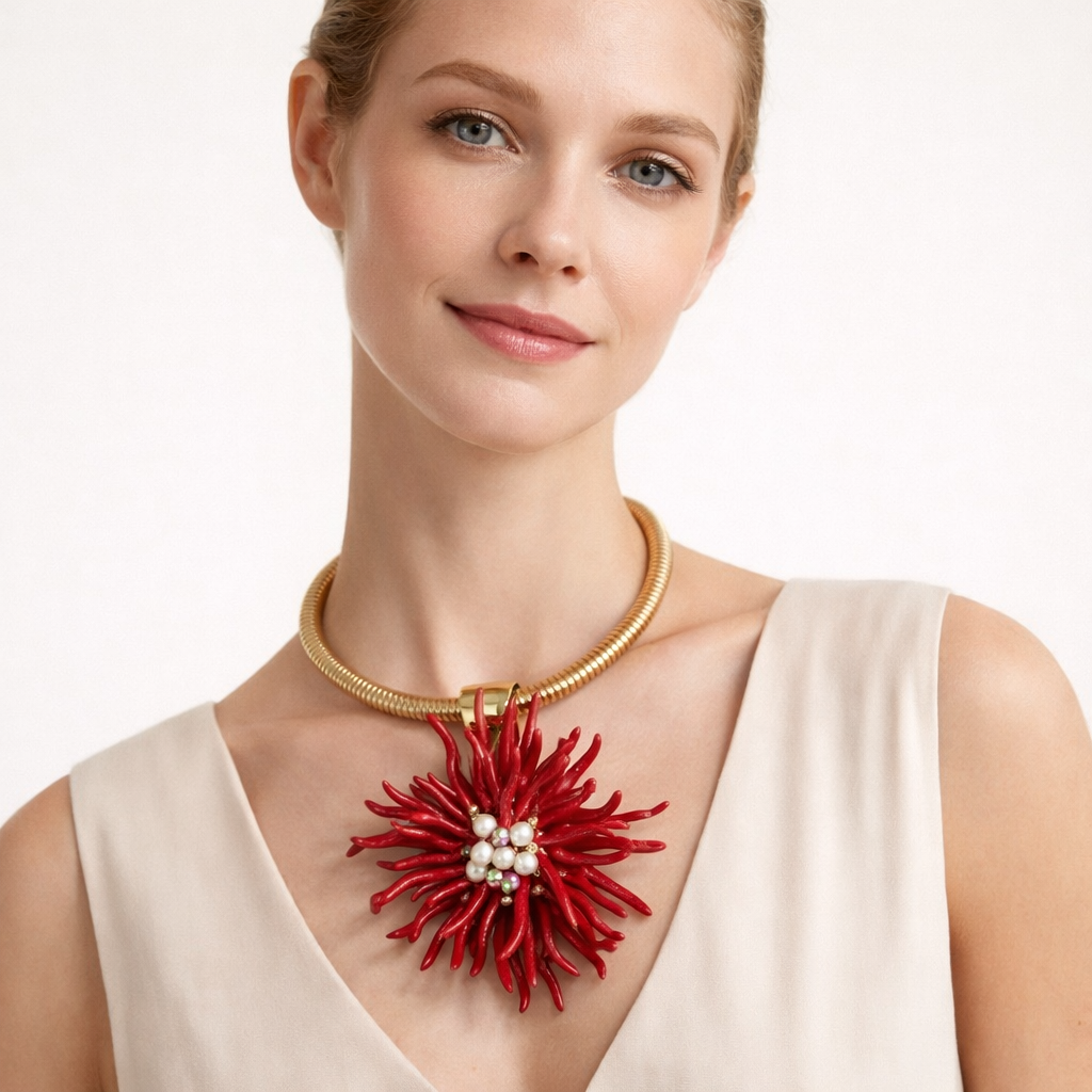Collana Rigida Dorata con Pendente Effetto Corallo – Stile Estivo Elegante