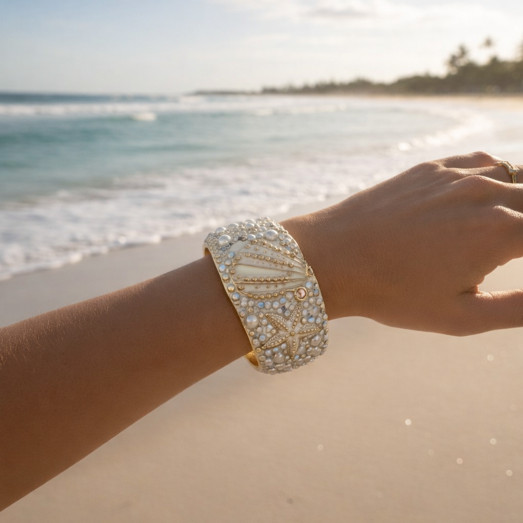 Bracciale Rigido con Conchiglie e Cristalli – Stile Mare Lusso
