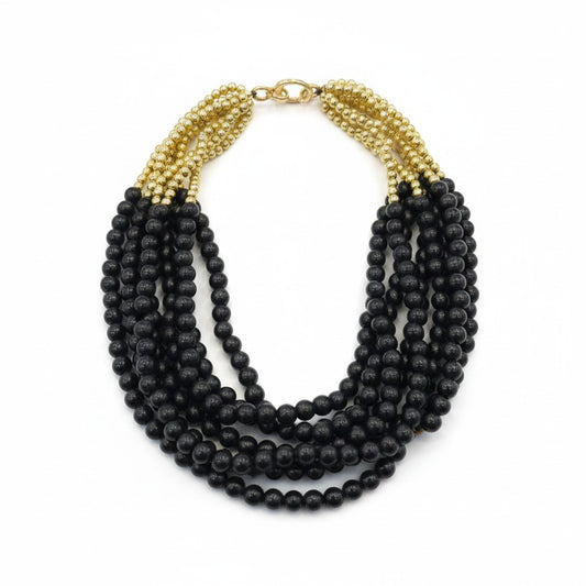 Collana Multistrato con Perline Nere e Dettagli Oro – Stile Elegante Donna
