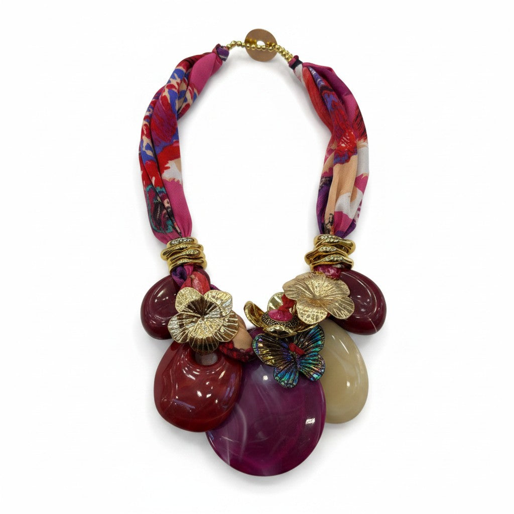 Collana Moda con Fascia in Tessuto e Maxi Ciondoli – Stile Boho Elegante Donna