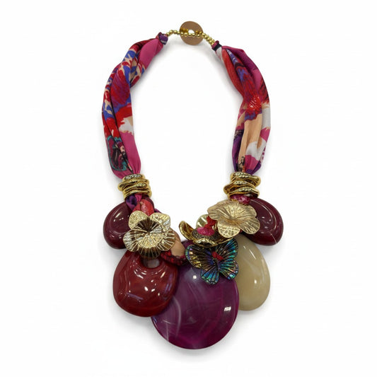 Collana Moda con Fascia in Tessuto e Maxi Ciondoli – Stile Boho Elegante Donna