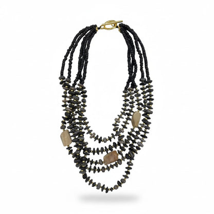 Collana Multistrato Boho in Legno con Pietre Naturali Effetto Terra